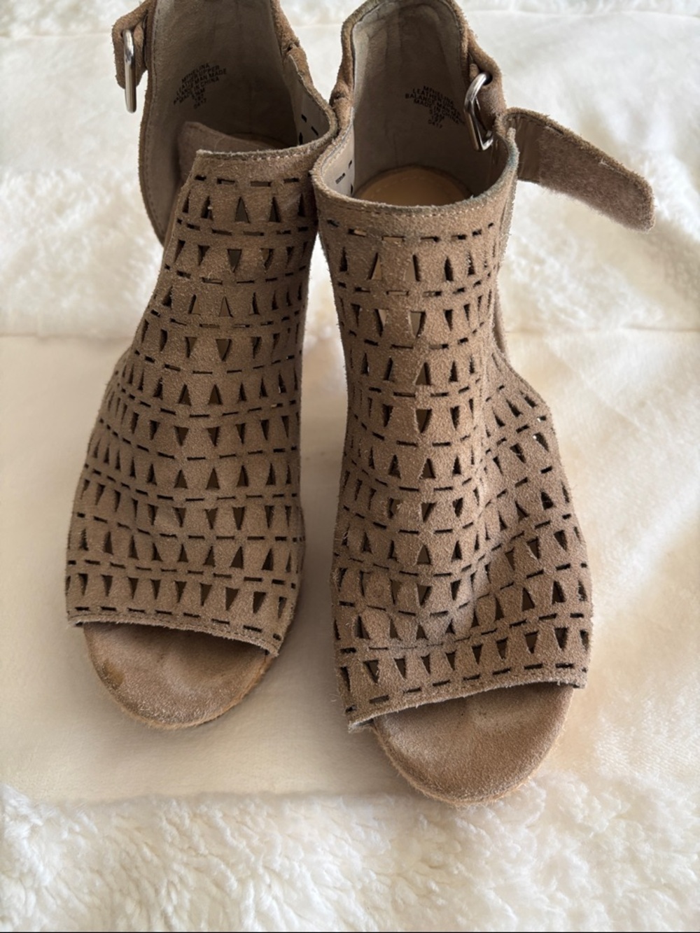 Marc Fisher Taupe Laser-Cut Suede Peep-Toe Ankle Sandals